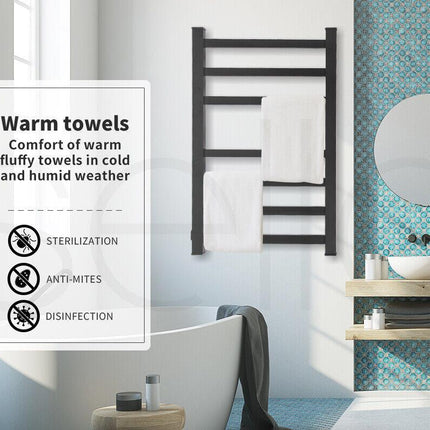 Aluminium Heated Towel Rail 7-Bar Electric Warmer Black.