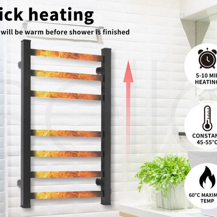 Aluminium Heated Towel Rail 7-Bar Electric Warmer Black.