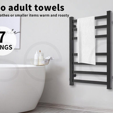 Aluminium Heated Towel Rail 7-Bar Electric Warmer Black.