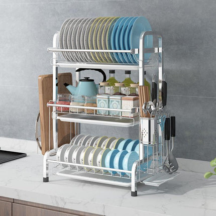 3 Tier Dish Drying Rack Silver 43cm High 60cm.