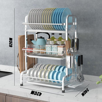 3 Tier Dish Drying Rack Silver 43cm High 60cm.