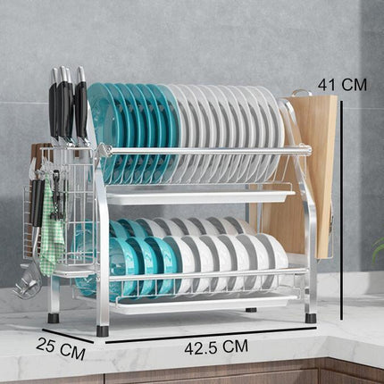 2 Tier Silver Kitchen Dish Rack Drainer 41cm High 25cm Long.