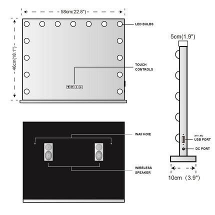 Hollywood LED Vanity Mirror Bluetooth Rectangle White Silver.