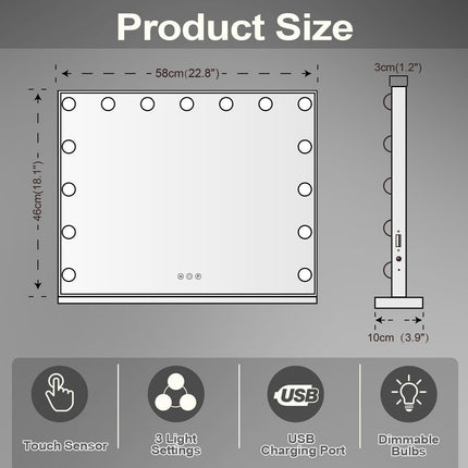 Hollywood LED Vanity Mirror Rectangle White Silver Wall Mirror.
