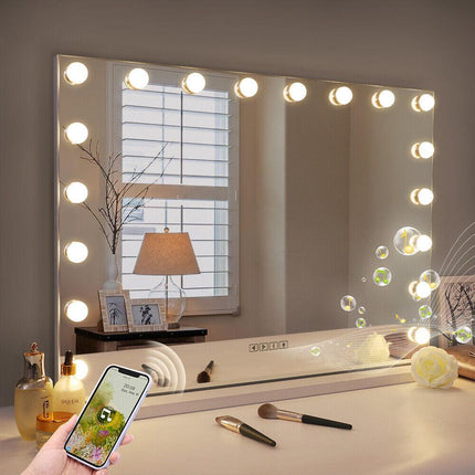 White Bluetooth Hollywood Mirror Rectangle Vanity Wall Light.