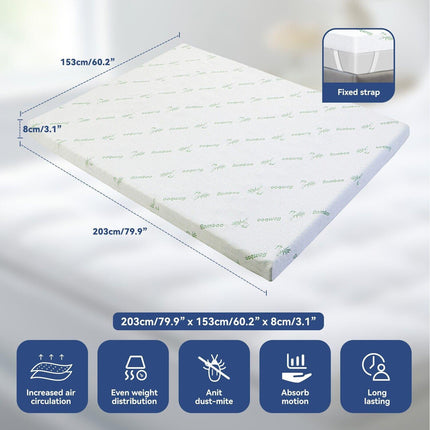 Queen Memory Foam Mattress Topper 7-Zone Bamboo Cover Breathable.