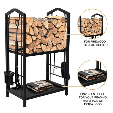 Steel Firewood Rack with Tools, Large Log Holder, 30cm Depth.