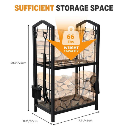 Steel Firewood Rack with Tools, Large Log Holder, 30cm Depth.