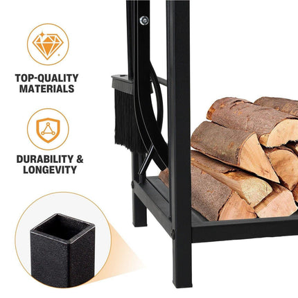 Steel Firewood Rack with Tools, Large Log Holder, 30cm Depth.