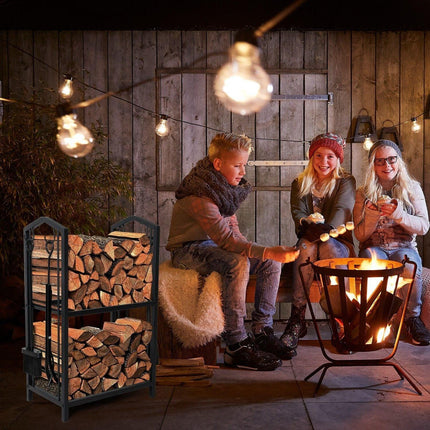 Steel Firewood Rack with Tools, Large Log Holder, 30cm Depth.