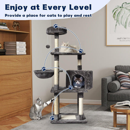 Large Grey Cat Tree Tower Condo with Scratching Post Bed.