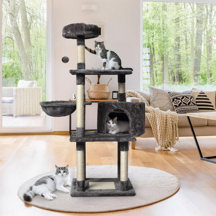 Large Grey Cat Tree Tower Condo with Scratching Post Bed.