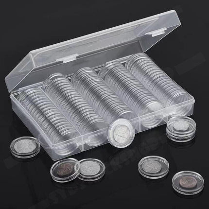 100PCS Clear Plastic Coin Holder Storage Box 20-30mm.