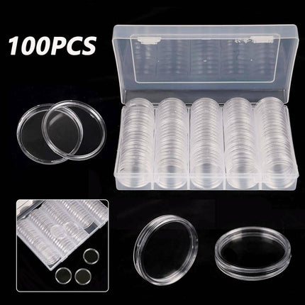 100PCS Clear Plastic Coin Holder Storage Box 20-30mm.