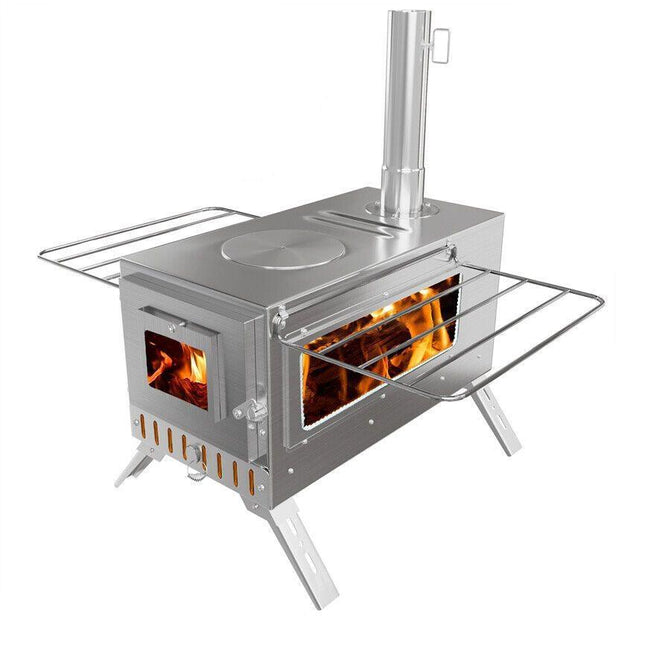 Stainless Steel Wood Burning Stove 1 Burner Camping BBQ with Chimney.