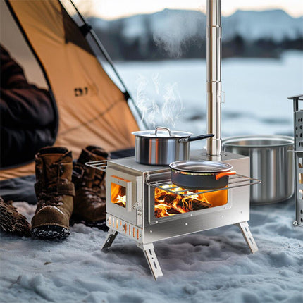 Stainless Steel Wood Burning Stove 1 Burner Camping BBQ with Chimney.