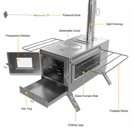 Stainless Steel Wood Burning Stove 1 Burner Camping BBQ with Chimney.