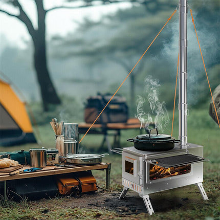 Stainless Steel Wood Burning Stove 1 Burner Camping BBQ with Chimney.