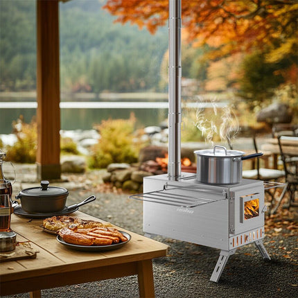 Stainless Steel Wood Burning Stove 1 Burner Camping BBQ with Chimney.