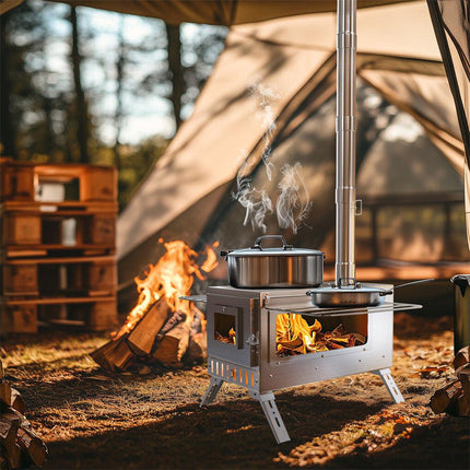 Stainless Steel Wood Burning Stove 1 Burner Camping BBQ with Chimney.