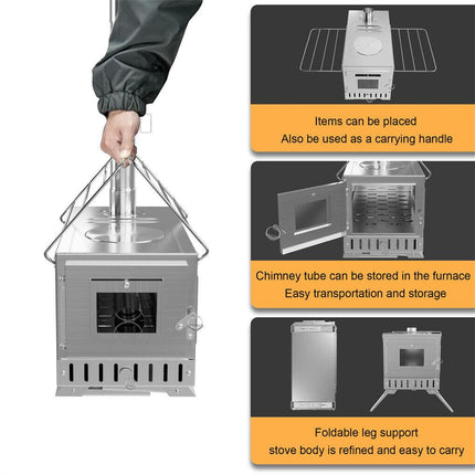 Stainless Steel Wood Burning Stove 1 Burner Camping BBQ with Chimney.