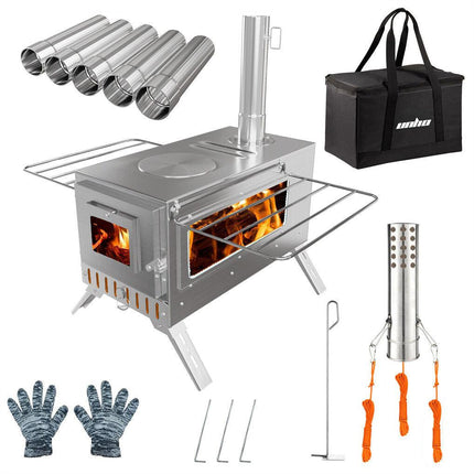 Stainless Steel Wood Burner Stove for Camping w/ Chimney & Bag.