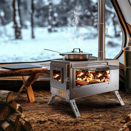 Stainless Steel Wood Burner Stove for Camping w/ Chimney & Bag.