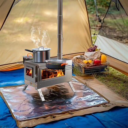 Stainless Steel Wood Burner Stove for Camping w/ Chimney & Bag.