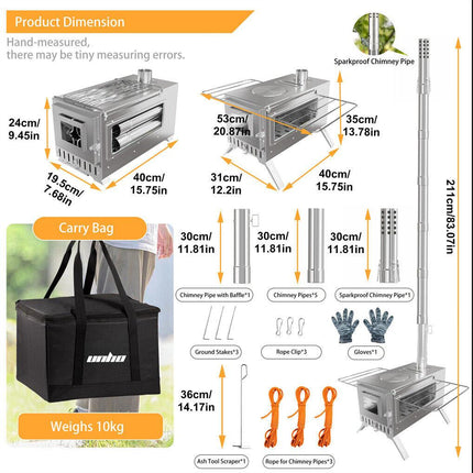 Stainless Steel Wood Burner Stove for Camping w/ Chimney & Bag.