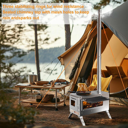 Stainless Steel Wood Burner Stove for Camping w/ Chimney & Bag.