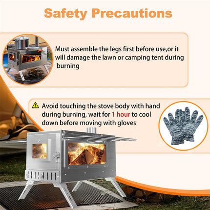 Stainless Steel Wood Burner Stove for Camping w/ Chimney & Bag.