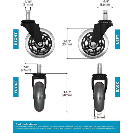 3 Swivel Rollerblade Chair Wheels, 7/16 Stem, All Floors - 5 Pack.