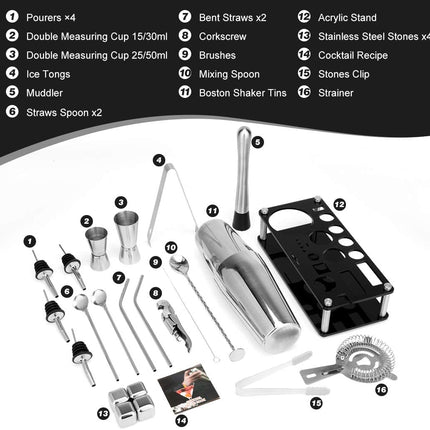 Cocktail Shaker Set Boston 23-Piece Stainless Steel and Professional Bar Tools for Drink Mixing.