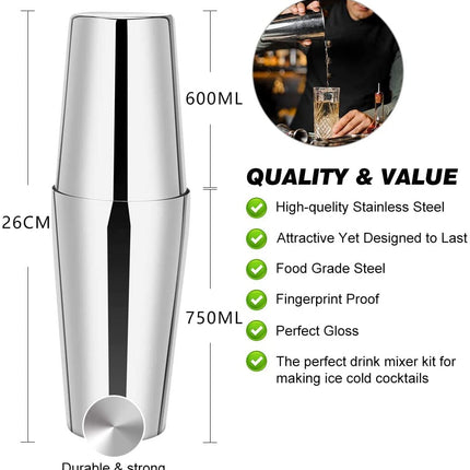 Cocktail Shaker Set Boston 23-Piece Stainless Steel and Professional Bar Tools for Drink Mixing.