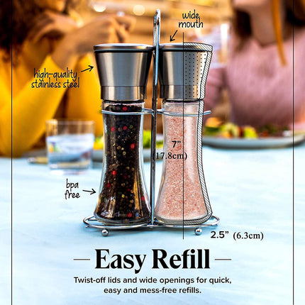 Modern Stainless Steel Salt and Pepper Grinder Set.