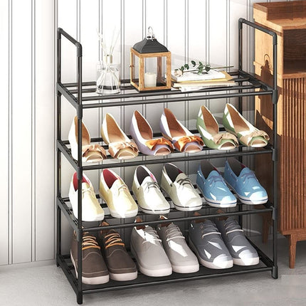 4-Tier Stainless Steel Shoe Rack Storage Organizer to Hold up to 15 Pairs of Shoes (55cm, Black).