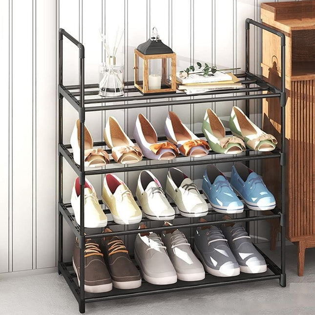 4-Tier Stainless Steel Shoe Rack Storage Organizer to Hold up to 15 Pairs of Shoes (55cm, Black).