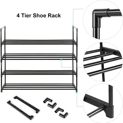 4-Tier Stainless Steel Shoe Rack Storage Organizer to Hold up to 15 Pairs of Shoes (55cm, Black).