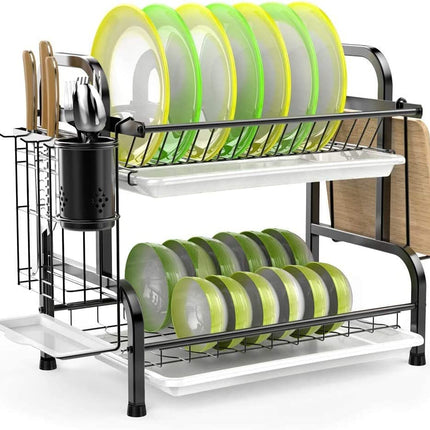 Stainless Steel 2-Tier Dish Drying Rack with Utensil Holder, Cutting Board Holder and Dish Drainer for Kitchen Counter (Black).