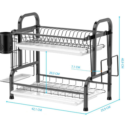 Stainless Steel 2-Tier Dish Drying Rack with Utensil Holder, Cutting Board Holder and Dish Drainer for Kitchen Counter (Black).