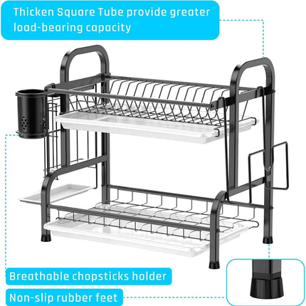 Stainless Steel 2-Tier Dish Drying Rack with Utensil Holder, Cutting Board Holder and Dish Drainer for Kitchen Counter (Black).