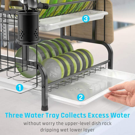 Stainless Steel 2-Tier Dish Drying Rack with Utensil Holder, Cutting Board Holder and Dish Drainer for Kitchen Counter (Black).
