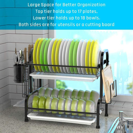 Stainless Steel 2-Tier Dish Drying Rack with Utensil Holder, Cutting Board Holder and Dish Drainer for Kitchen Counter (Black).