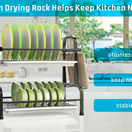 Stainless Steel 2-Tier Dish Drying Rack with Utensil Holder, Cutting Board Holder and Dish Drainer for Kitchen Counter (Black).