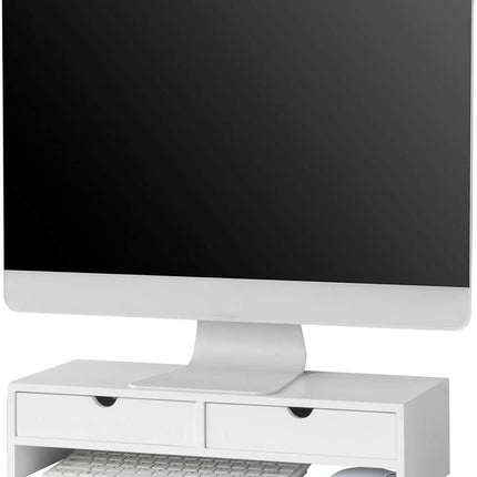 White Monitor Stand Desk Organizer with 2 Drawers.