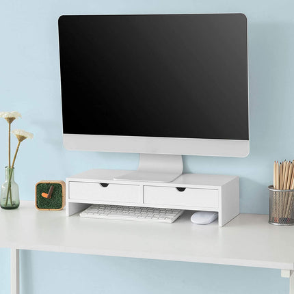 White Monitor Stand Desk Organizer with 2 Drawers.