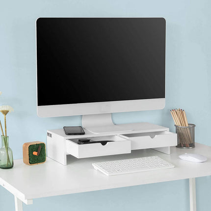 White Monitor Stand Desk Organizer with 2 Drawers.