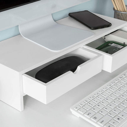 White Monitor Stand Desk Organizer with 2 Drawers.