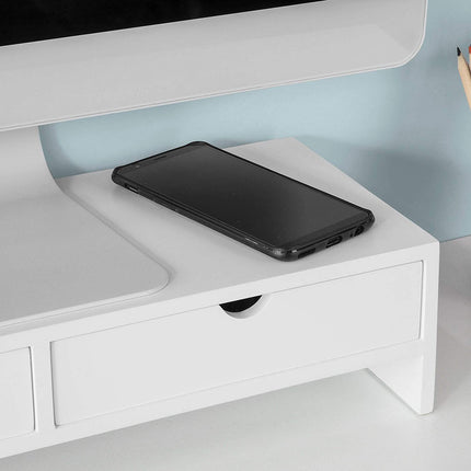 White Monitor Stand Desk Organizer with 2 Drawers.