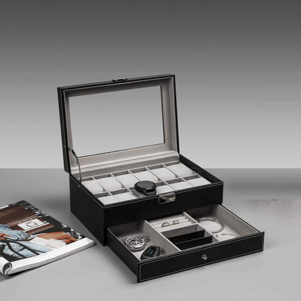 12 Slot PU Leather Lockable Watch and Jewelry Storage Boxes (Black).
